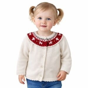 Janie and Jack Baby Girls Sweater Cardigan White Red Dog Fair Isle‎ Knit 6 to 12